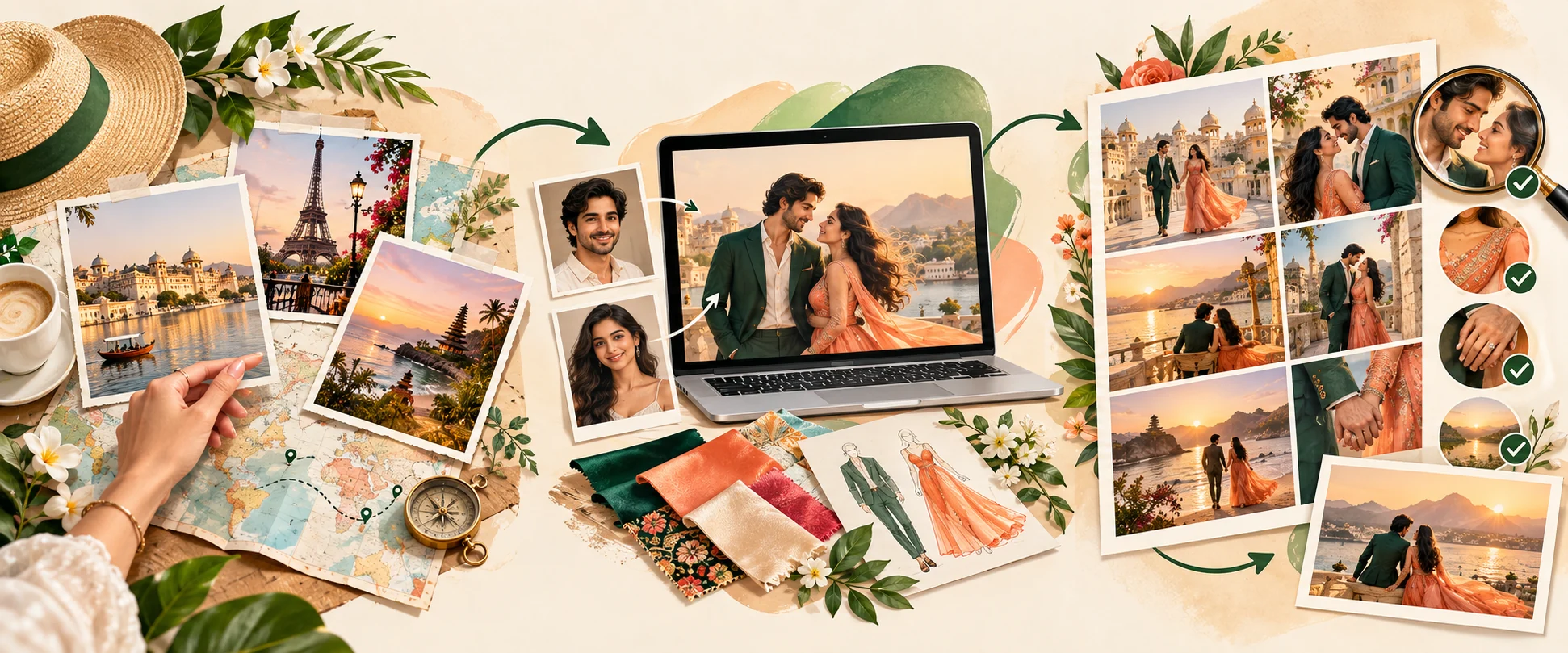 Illustrated guide: choose real destinations, use consented adult face photos and new outfits to create AI scenes, then review generated frames before sharing.